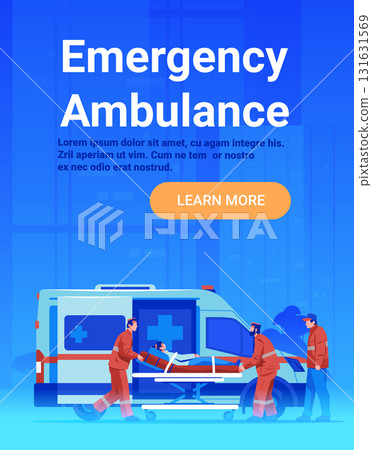 Emergency ambulance paramedics patient stretcher hospital transport medical team blue background modern flat website banner 131631569