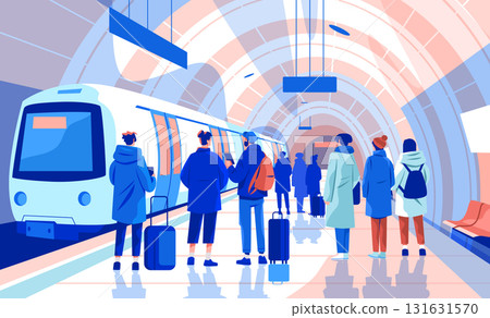 People waiting subway train modern underground station travelers with luggage urban public transport platform blue pink colors 131631570