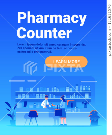 Pharmacy counter healthcare service pharmacist assisting customer modern drugstore interior blue background plants shelves 131631576