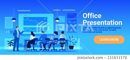 Office presentation business meeting team analyzing charts modern workspace blue background digital dashboard website banner 131631578