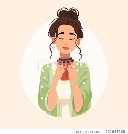 Woman enjoying coffee morning relaxation peaceful mood holding cup closed eyes casual outfit soft colors white background 131631586