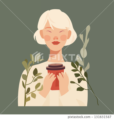 Woman holding coffee cup relaxing morning surrounded by green leaves minimalist style muted colors portrait flat background Woman holding coffee cup relaxing morning surrounded by green leaves minimalist style muted colors portrait flat background 131631587