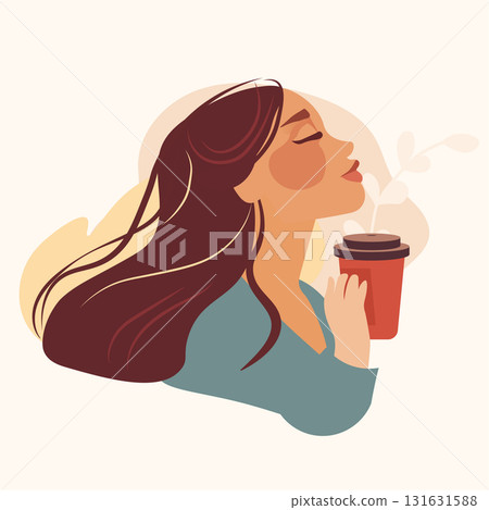 Woman enjoying coffee aroma relaxation lifestyle elegant female holding takeaway cup closed eyes long hair abstract background minimalist art Woman enjoying coffee aroma relaxation lifestyle elegant female holding takeaway cup closed eyes long hair abstract background minimalist art 131631588