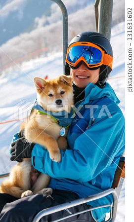 A Shiba Inu's relieved gaze as he is held on a ski lift 131631602