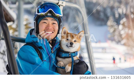 A Shiba Inu's relieved gaze as he is held on a ski lift A Shiba Inu's relieved gaze as he is held on a ski lift 131631605
