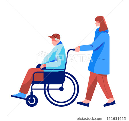 Elderly man in wheelchair assisted by caregiver flat style people walking healthcare support white background 131631635