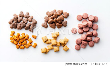 餐桌上整齊擺放著健康的狗糧和零食 131631653
