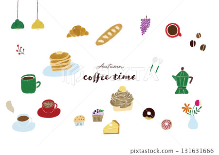 Autumn cafe illustration set: Hand-drawn coffee, pancakes, donuts, Mont Blanc illustrations 131631666