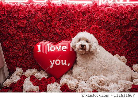 Adorable white dog confession surrounded by red roses and hearts 131631667