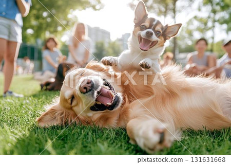 A peaceful holiday with two dogs snuggling up together at the dog run 131631668