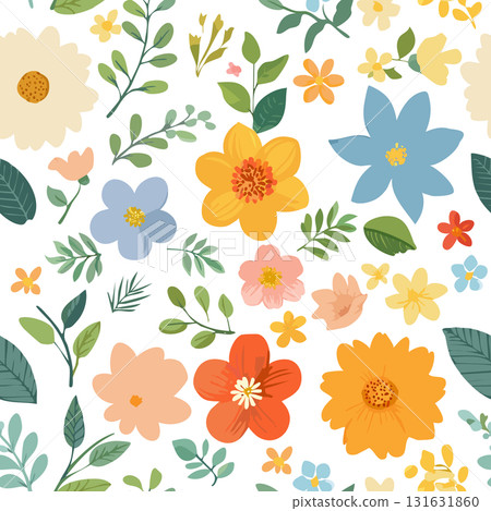 A spring-like seamless pattern with brightly colored flowers and leaves. 131631860