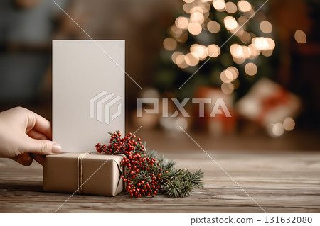 Hand holding a white card with a red and green decoration on it Hand holding a white card with a red and green decoration on it 131632080