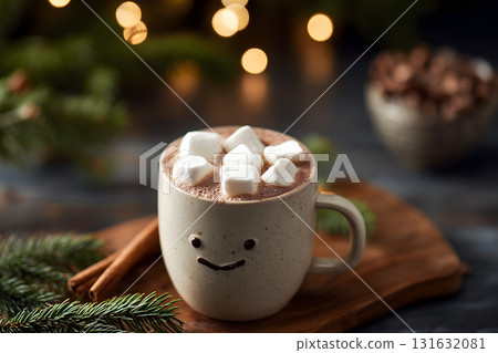 Mug of hot chocolate with marshmallows on top and a smiling face drawn on it 131632081