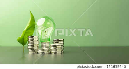 Sustainable, Green investment, green finance, and eco friendly economic growth. Coin money Stack, Lightbulb  and Green Leaf 131632240