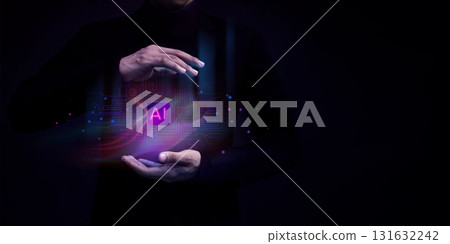 AI chip hovers above hand in a dark tech futuristic theme. Artificial intelligence, advanced technology, and digital innovation 131632242