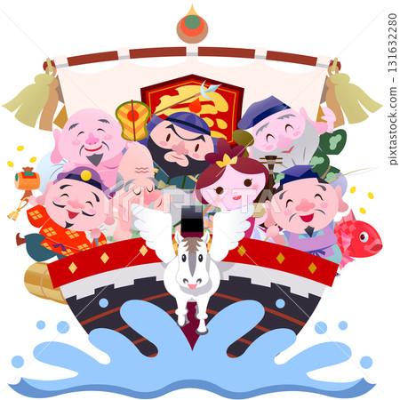 2026年馬年新年賀卡材料插圖寶船和七福神 2026年馬年新年賀卡材料插圖寶船和七福神 131632280