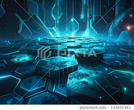 A digital space woven with hexagons, glowing blue-green 131632362