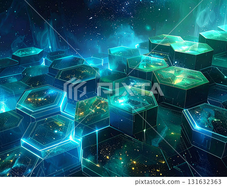 A digital space woven with hexagons, glowing blue-green 131632363