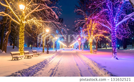 Snowy landscape of illuminated street lights at night Snowy landscape of illuminated street lights at night 131632521
