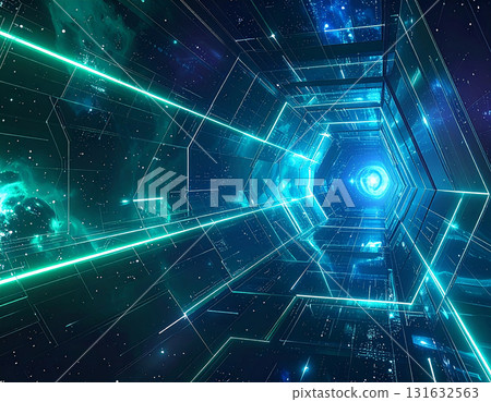 A digital hexagonal gate piercing the universe, beckoning with blue-green light 131632563