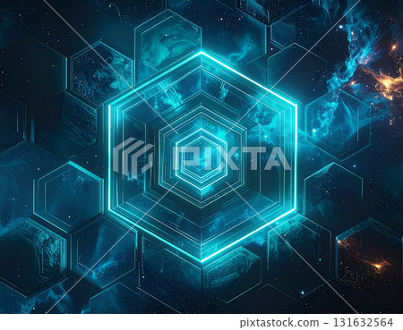 Hexagonal neon lights synchronized with the universe invite you into the digital dimension 131632564