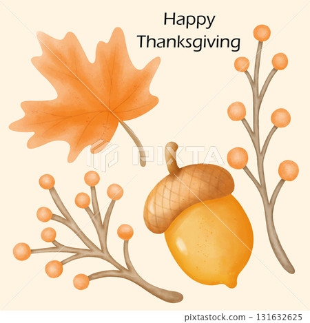 Thanksgiving watercolor design with roasted turkey pumpkin and autumn leaves 131632625