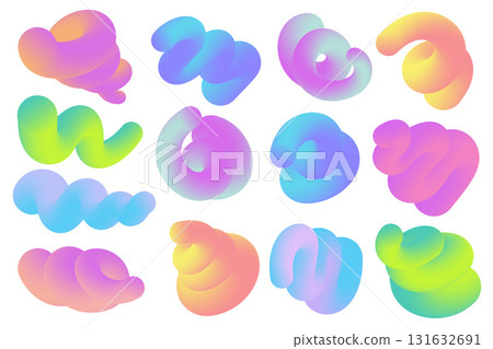 3D abstract gradient shapes. Colored fluid wavy lines. Bright blended holographic pipes on white background. Swirl modern doodle strokes. Vector trendy vibrant elements for creative poster 3D abstract gradient shapes. Colored fluid wavy lines. Bright blended holographic pipes on white background. Swirl modern doodle strokes. Vector trendy vibrant elements for creative poster 131632691