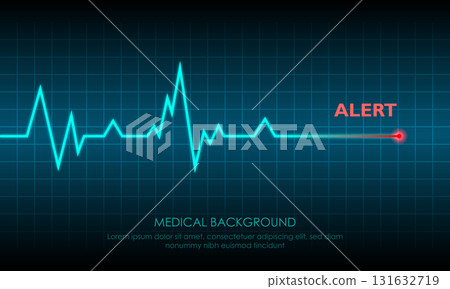 Illustration of Emergency ekg monitoring. Blue Glowing Neon Heart Pulse. Heartbeat. Dark Blue Background with a Grid. Vector Illustration. All in a single layer. 131632719