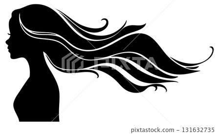 一位美麗女人的輪廓，優雅的長髮在風中飄揚 131632735