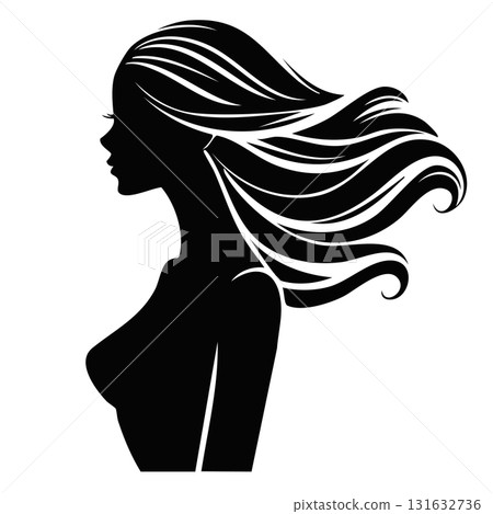 Silhouette of a beautiful woman's profile with elegant long hair blowing in the wind 131632736