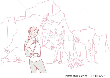 Happy woman hiking in mountains Happy woman hiking in mountains 131632739