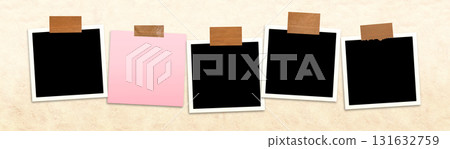 Four frame photos with adhesive tape stripes at stucco wall. Horizontal banner featuring a pictures album grid for scrapbooking. Vintage style mood board layout. Copy space for your text and photo 131632759