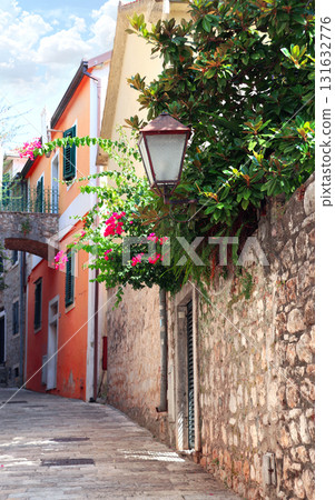 Famous landmark - old town of Herceg Novi, historical center. Picturesque pedestrian street with old medieval buildings, Montenegro. Topic of summer vacation, travel. Focus on the plant in foreground Famous landmark - old town of Herceg Novi, historical center. Picturesque pedestrian street with old medieval buildings, Montenegro. Topic of summer vacation, travel. Focus on the plant in foreground 131632776