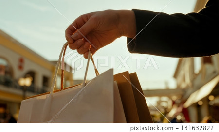 A person's hands holding a shopping bag. Shopping, retail, purchase, consumerism, lifestyle 131632822