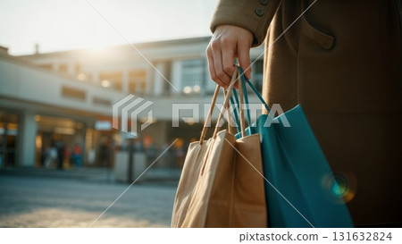 A person's hands holding a shopping bag. Shopping, retail, purchase, consumerism, lifestyle 131632824