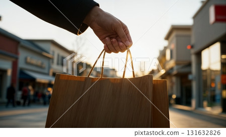 A person's hands holding a shopping bag. Shopping, retail, purchase, consumerism, lifestyle 131632826