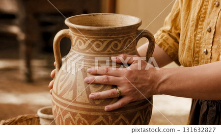 A person's hand holding a Greek amphora. Amphora, ancient pottery, art, culture, history 131632827