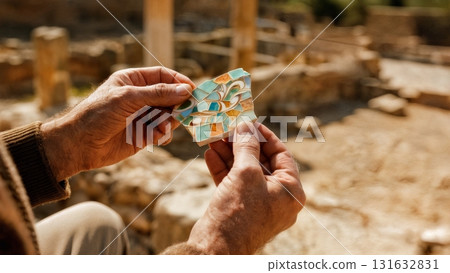 A person's hand holding a piece of mosaic. Mosaic, ancient art, history, heritage, archaeology 131632831