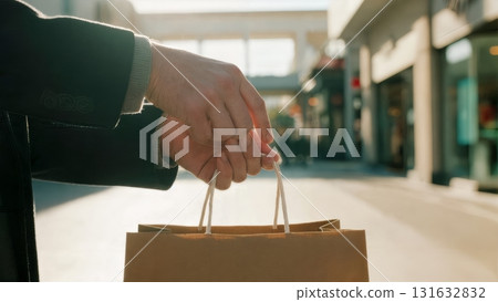 A person's hands holding a shopping bag. Shopping, retail, purchase, consumerism, lifestyle 131632832