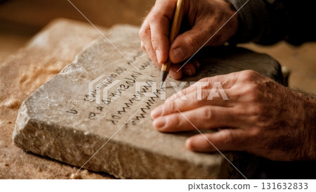 A person writing on a stone tablet with a chisel. Writing, ancient times, knowledge, communication, history 131632833