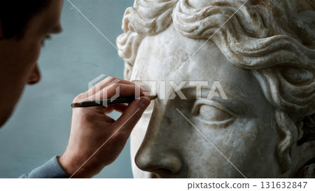 A person's hand carving a stone statue. Stone carving, ancient art, craftsmanship, skill, dedication A person's hand carving a stone statue. Stone carving, ancient art, craftsmanship, skill, dedication 131632847