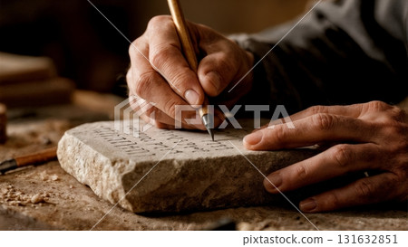 A person writing on a stone tablet with a chisel. Writing, ancient times, knowledge, communication, history A person writing on a stone tablet with a chisel. Writing, ancient times, knowledge, communication, history 131632851