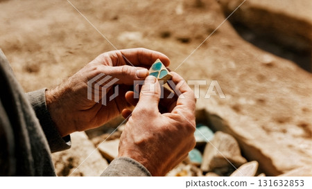 A person's hand holding a piece of mosaic. Mosaic, ancient art, history, heritage, archaeology 131632853