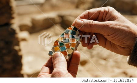 A person's hand holding a piece of mosaic. Mosaic, ancient art, history, heritage, archaeology 131632854