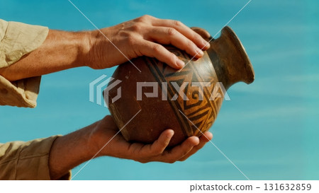 A person's hand holding a Greek amphora. Amphora, ancient pottery, art, culture, history A person's hand holding a Greek amphora. Amphora, ancient pottery, art, culture, history 131632859