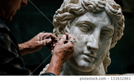 A person's hand carving a stone statue. Stone carving, ancient art, craftsmanship, skill, dedication A person's hand carving a stone statue. Stone carving, ancient art, craftsmanship, skill, dedication 131632861