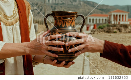 A person's hand holding a Greek amphora. Amphora, ancient pottery, art, culture, history 131632863