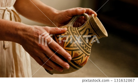 A person's hand holding a Greek amphora. Amphora, ancient pottery, art, culture, history 131632867