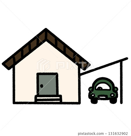 一座山牆屋頂的房子和一輛綠色汽車 131632902