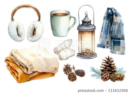 Cozy winter illustration featuring warm accessories, a lantern, and seasonal decorations Cozy winter illustration featuring warm accessories, a lantern, and seasonal decorations 131632908